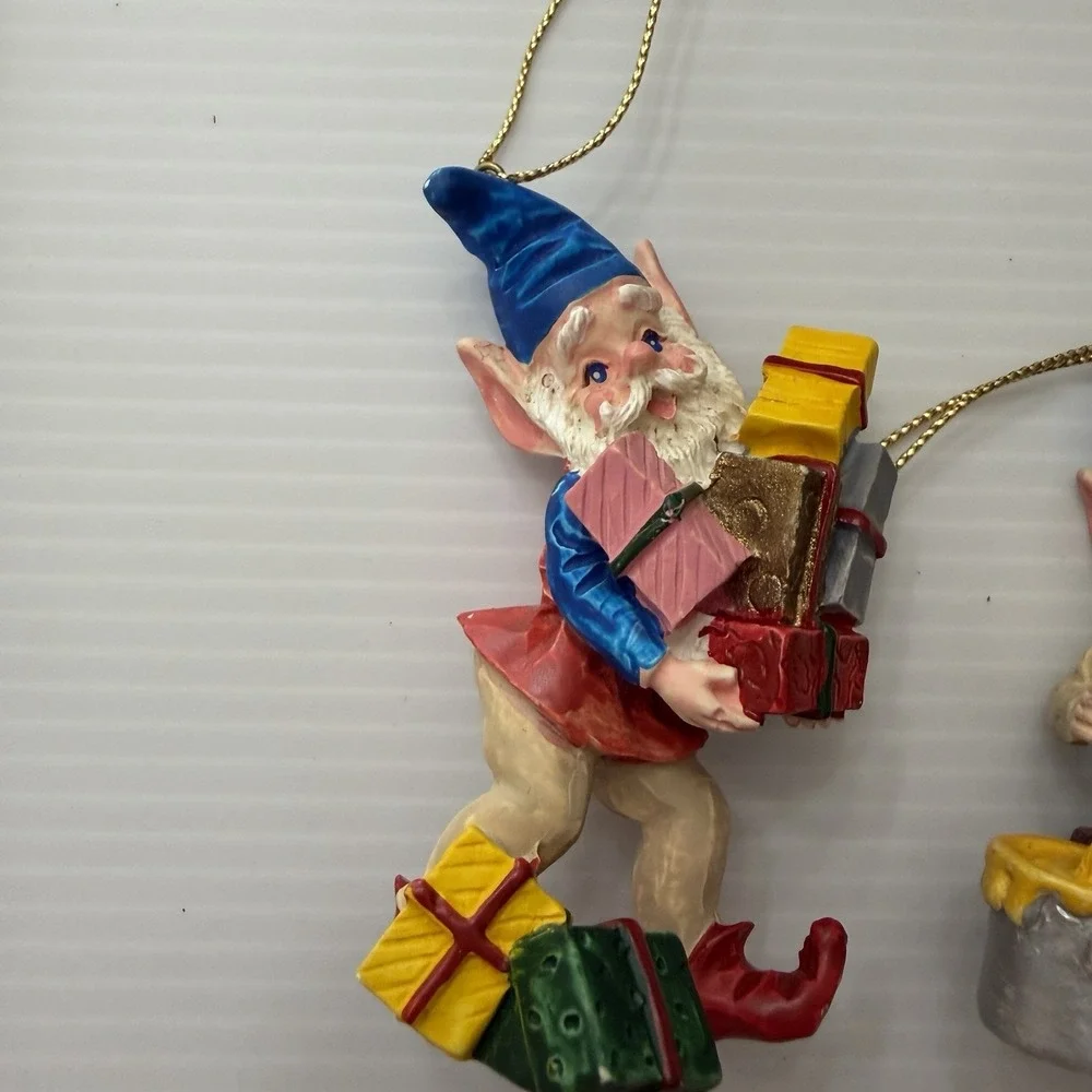 Vintage Christmas Elf Ornament Lot Of 3 Taiwan Pixie Gnome Painter Baker Gifts